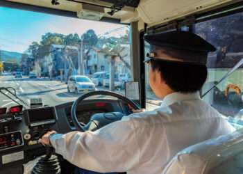 Mie, Japan - November 20 2015: A Japanese bus driver's on the way to Ise-jingu shrine in Ise city