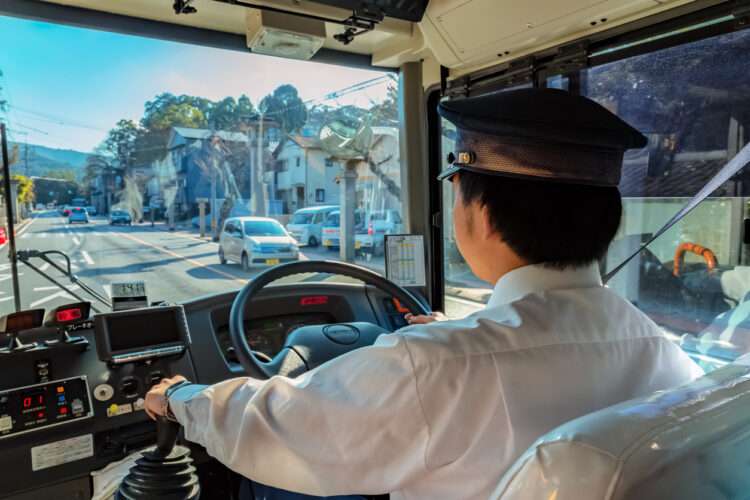 Mie, Japan - November 20 2015: A Japanese bus driver's on the way to Ise-jingu shrine in Ise city