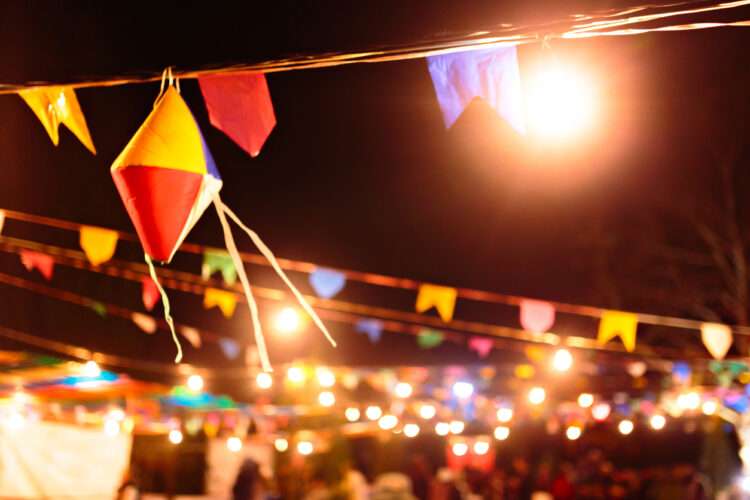 Flags and balloon at a cultural party from Brazil.