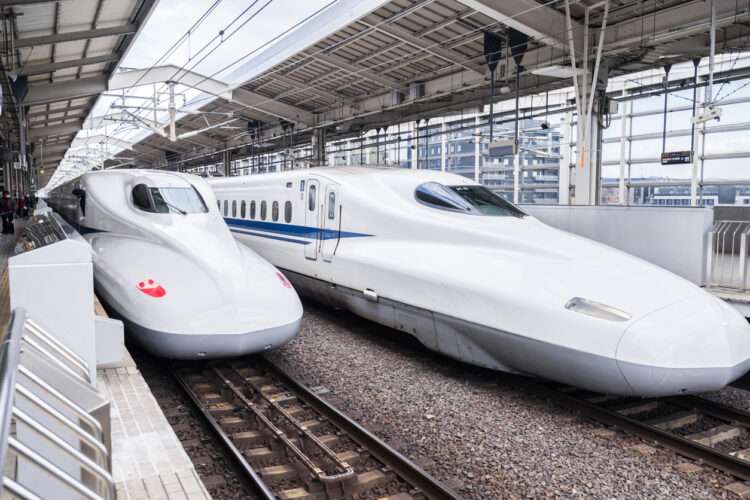 Kyoto, Japan - January 21, 2017: Tokaido Shinkansen bullet trains stopping at Kyoto Station.