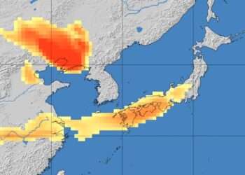 Mapa mostra previsão de poeira amarela sobre partes do Japão entre sexta e sábado. Foto: Agência Meteorológica do Japão