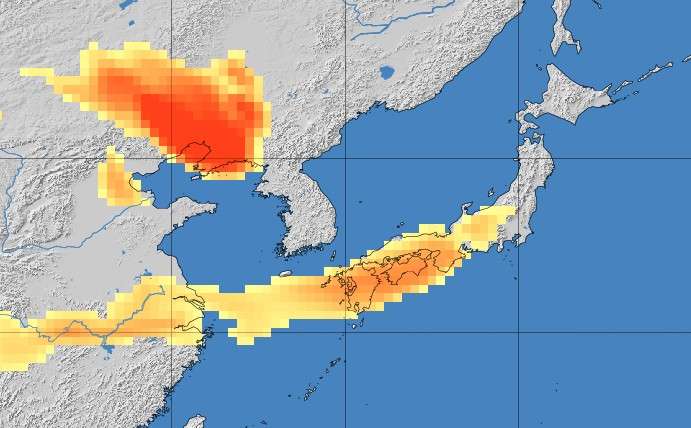 Mapa mostra previsão de poeira amarela sobre partes do Japão entre sexta e sábado. Foto: Agência Meteorológica do Japão