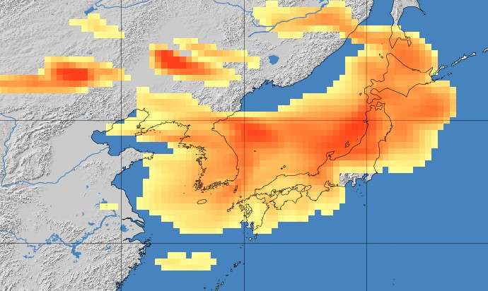 Onda de poeira amarela sobre o Japão na terça-feira. Foto: Agência Meteorológica do Japão