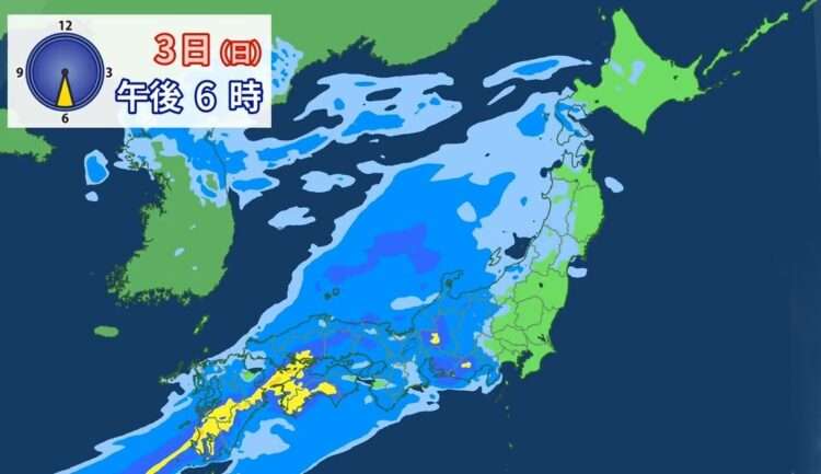 Mapa mostra nuvens de chuva avançando para o leste às 18h deste domingo. Foto: Reprodução/JNN