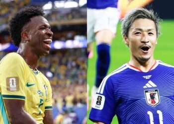 Vini Jr., da seleção brasileira, e Daizen Maeda, do Japão. Fotos: CBF e JFA