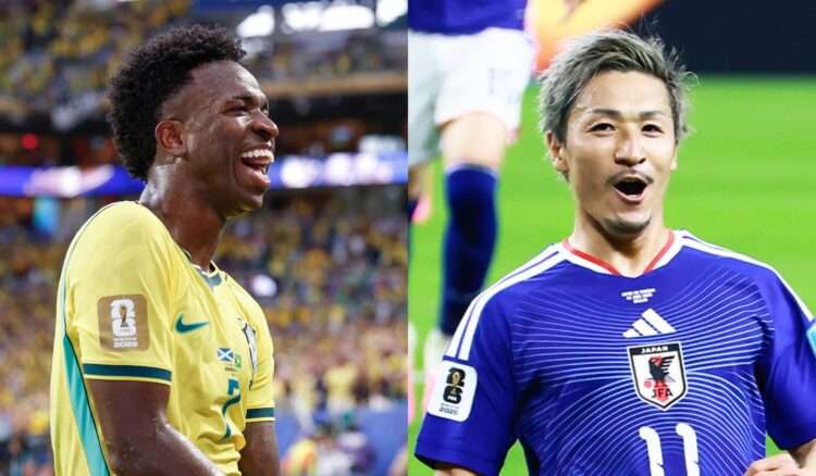 Vini Jr., da seleção brasileira, e Daizen Maeda, do Japão. Fotos: CBF e JFA