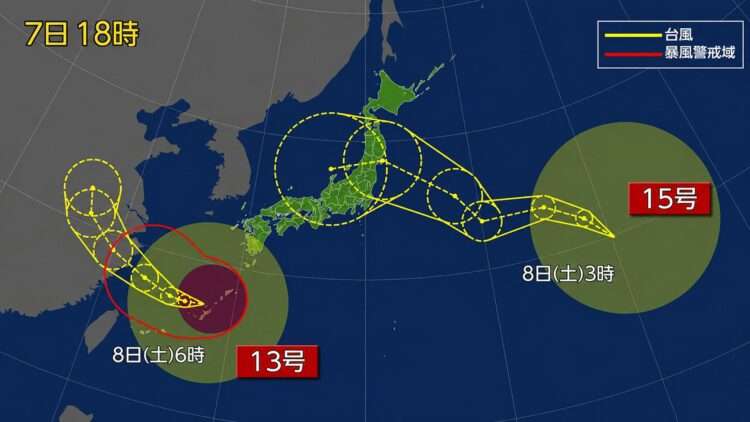 Possíveis trajetos dos tufões nos próximos dias. Foto: Reprodução/NHK