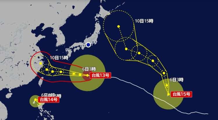 Posição dos tufões 13, 14 e 15. Foto: Reprodução/NHK