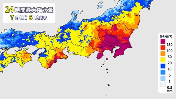 As cores mais escuras no mapa indicam locais com previsão de forte chuva. Foto: Reprodução/TV Abema