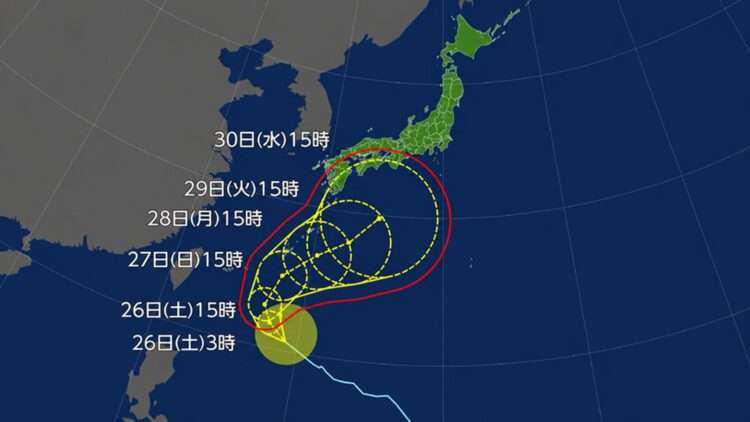 Mapa mostra possível trajeto do tufão 26. Foto: Reprodução/NHK
